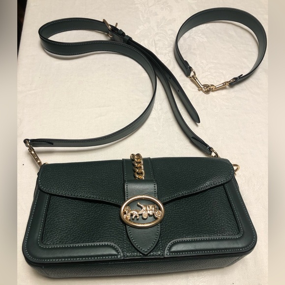 Coach flap shoulder bag with extra shorter handle in dark green - Picture 1 of 9